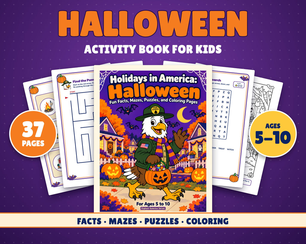 Holidays in America: Halloween Activity Book for Kids, Ages 5-10 (37-Page Printable PDF)