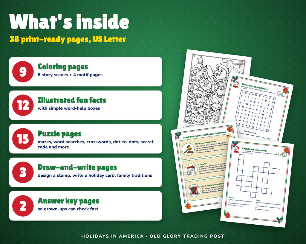 What's inside the Christmas activity book: coloring pages, fun facts and puzzles