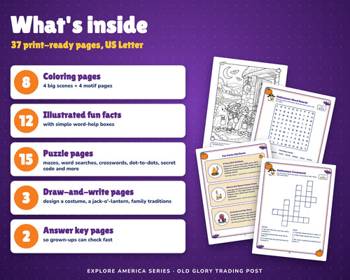 Holidays in America: Halloween Activity Book for Kids, Ages 5-10 (37-Page Printable PDF)