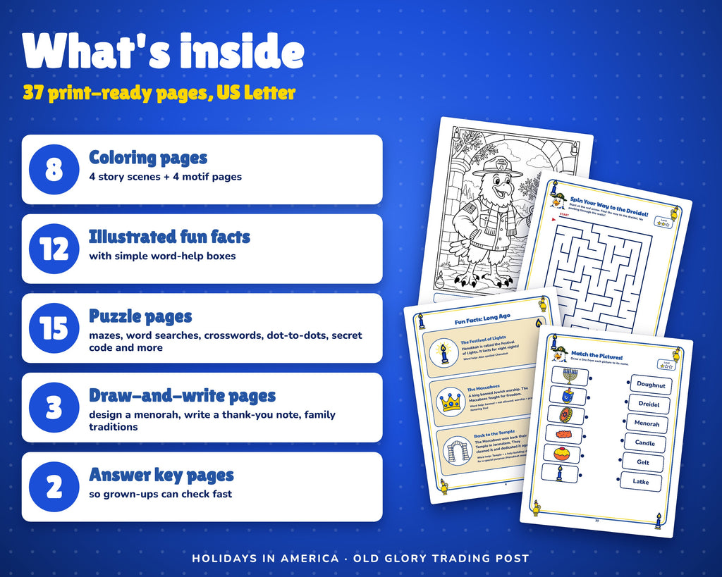 What's inside the Hanukkah activity book: coloring pages, fun facts and puzzles