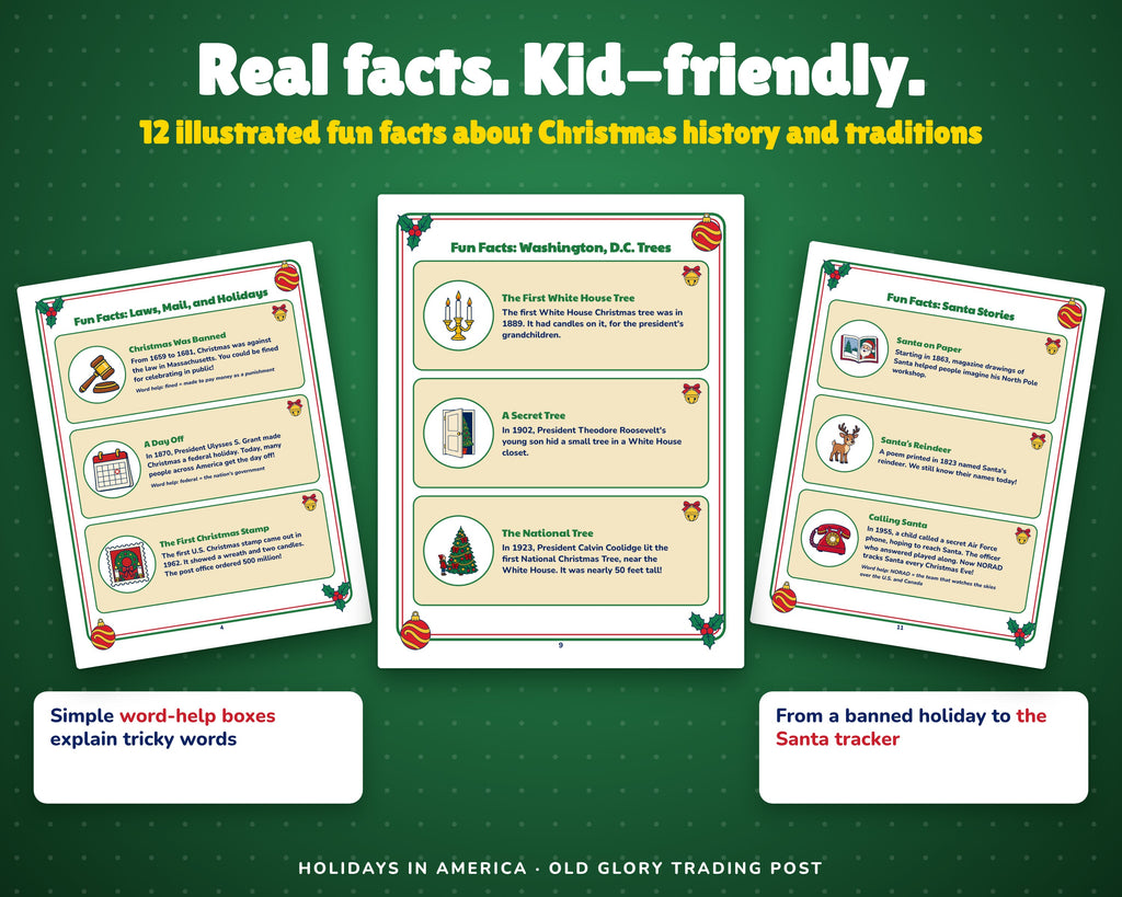 Illustrated Christmas fun fact pages from the printable activity book