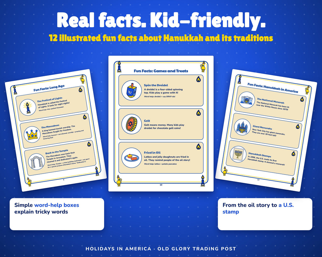 Illustrated Hanukkah fun fact pages from the printable activity book