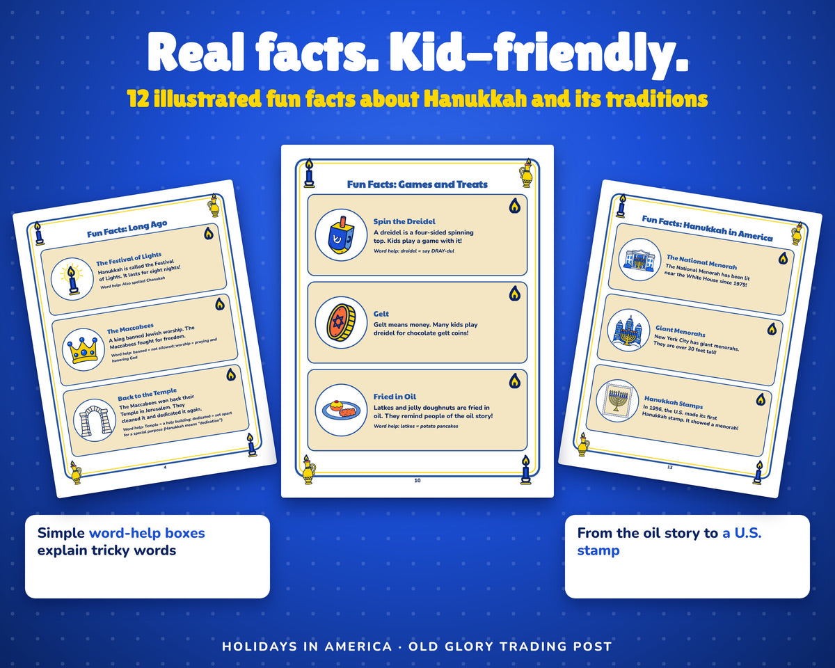 Illustrated Hanukkah fun fact pages from the printable activity book