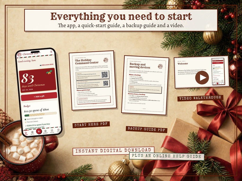 What's included: the app link plus Start Here and backup guide PDFs