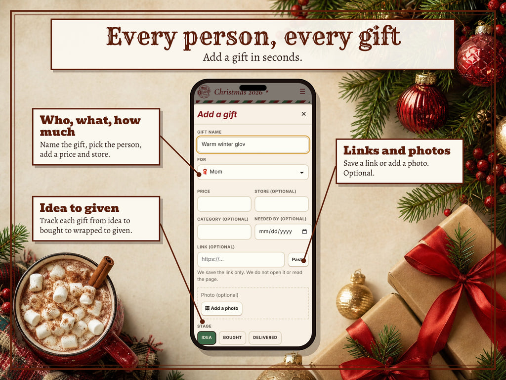 Adding a gift with price, store and status in the Holiday Command Center