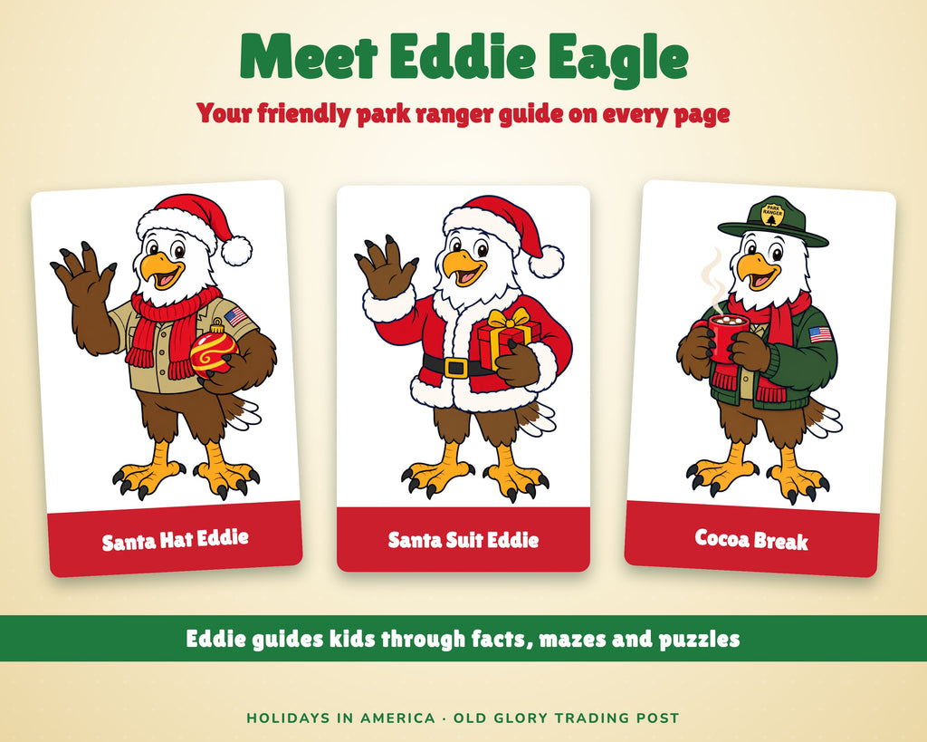 Meet Eddie Eagle, the park ranger guide in the Christmas activity book
