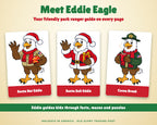 Meet Eddie Eagle, the park ranger guide in the Christmas activity book