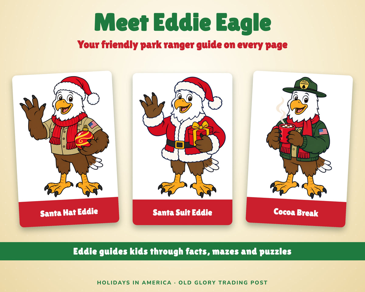 Meet Eddie Eagle, the park ranger guide in the Christmas activity book