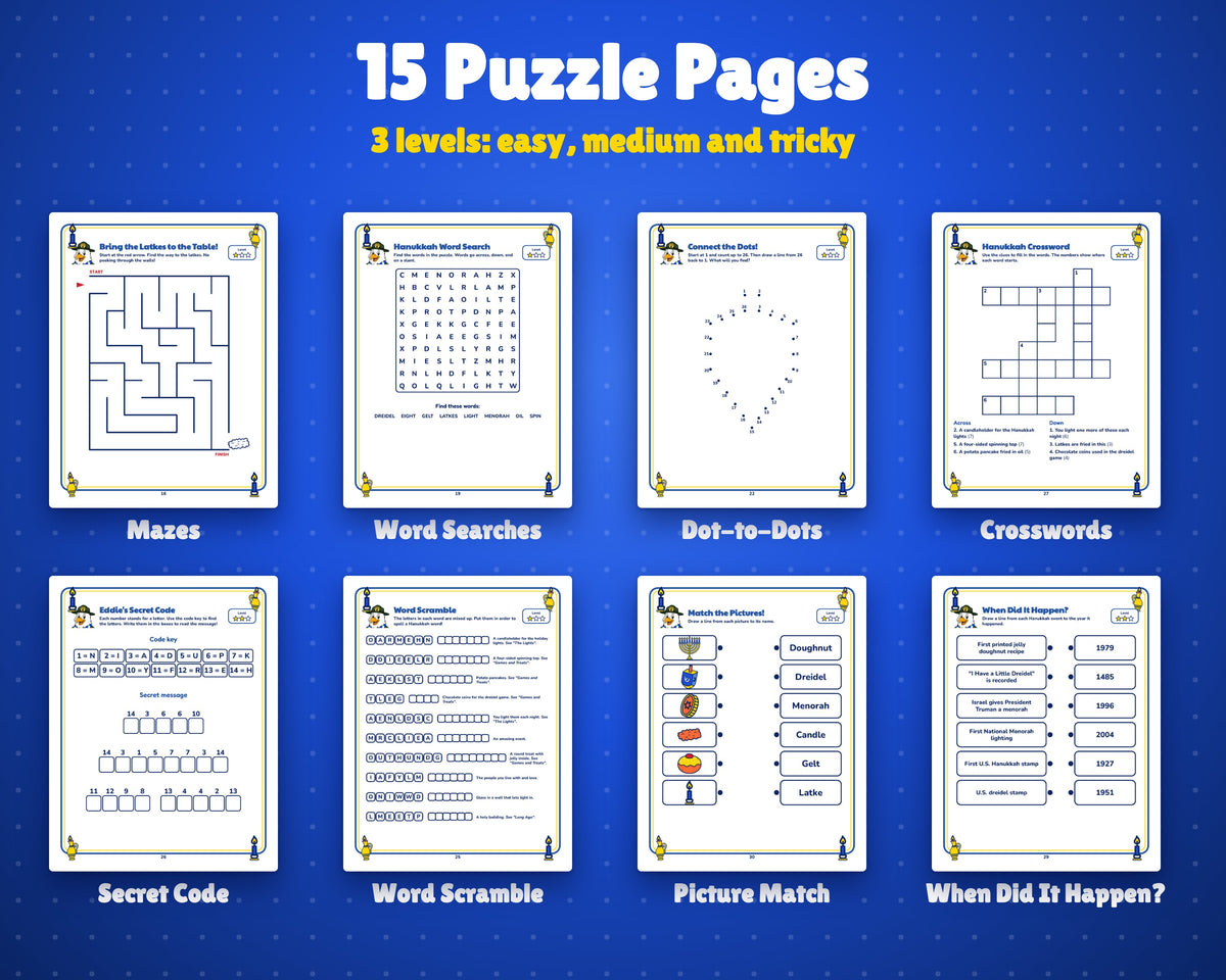 Hanukkah mazes, word searches and puzzles for kids ages 5-10
