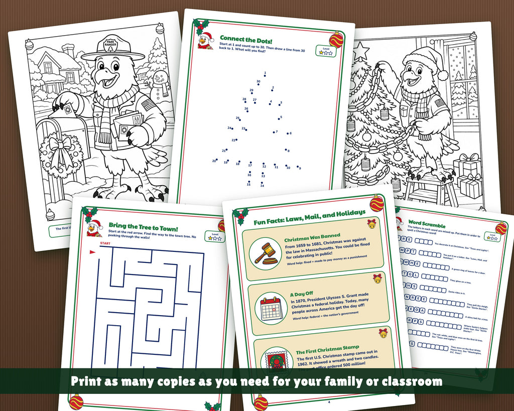 Printed Christmas activity book pages laid out flat