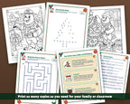Printed Christmas activity book pages laid out flat