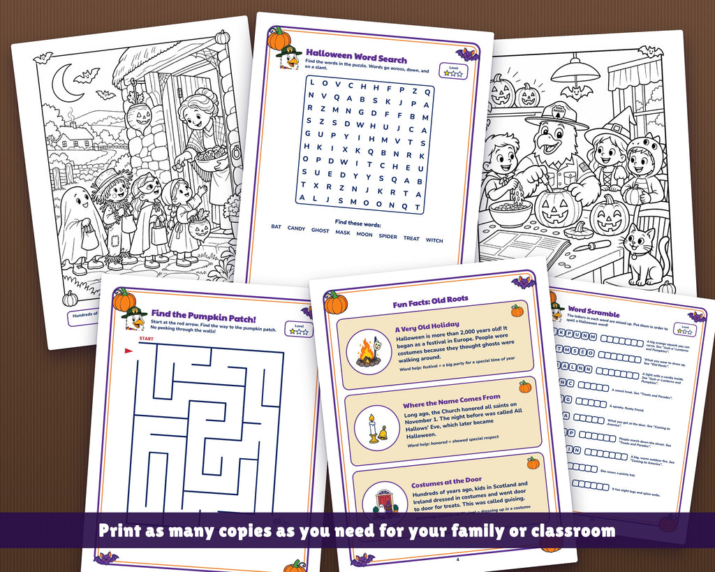 Holidays in America: Halloween Activity Book for Kids, Ages 5-10 (37-Page Printable PDF)