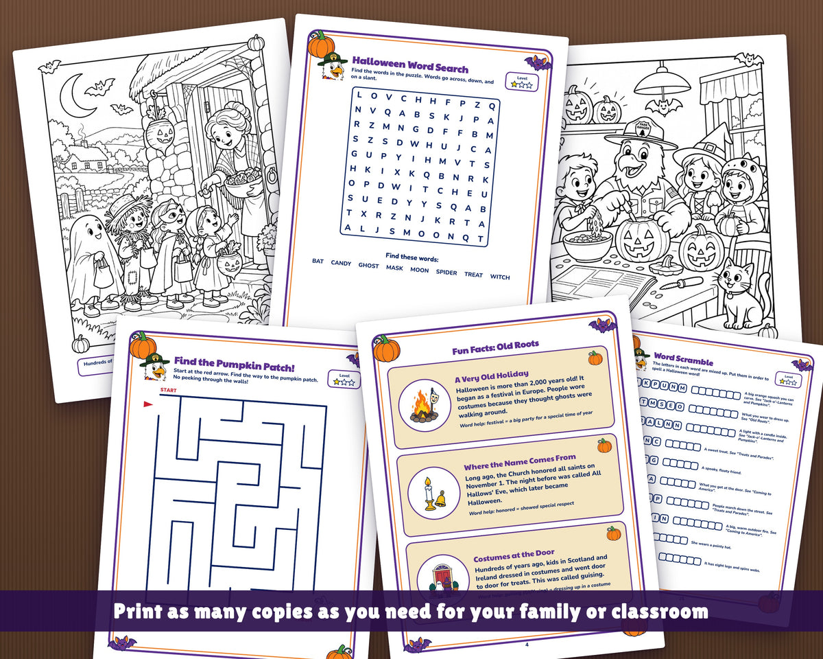Holidays in America: Halloween Activity Book for Kids, Ages 5-10 (37-Page Printable PDF)