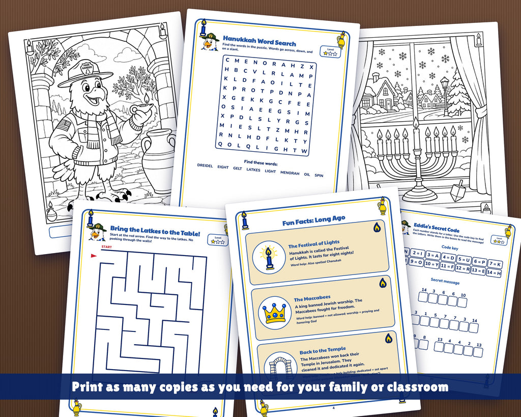 Printed Hanukkah activity book pages laid out flat