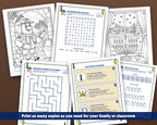 Printed Hanukkah activity book pages laid out flat