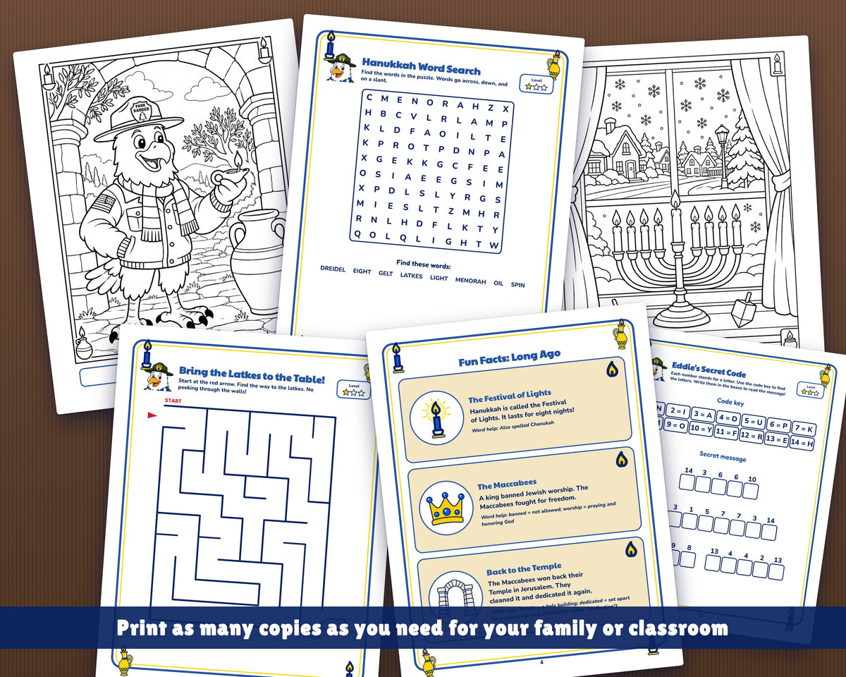 Printed Hanukkah activity book pages laid out flat