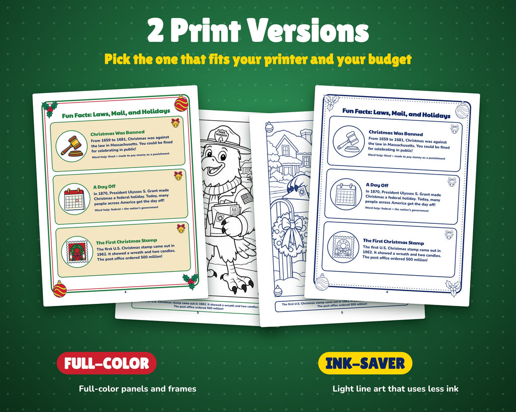 Full-color and ink-saver versions of the Christmas activity book