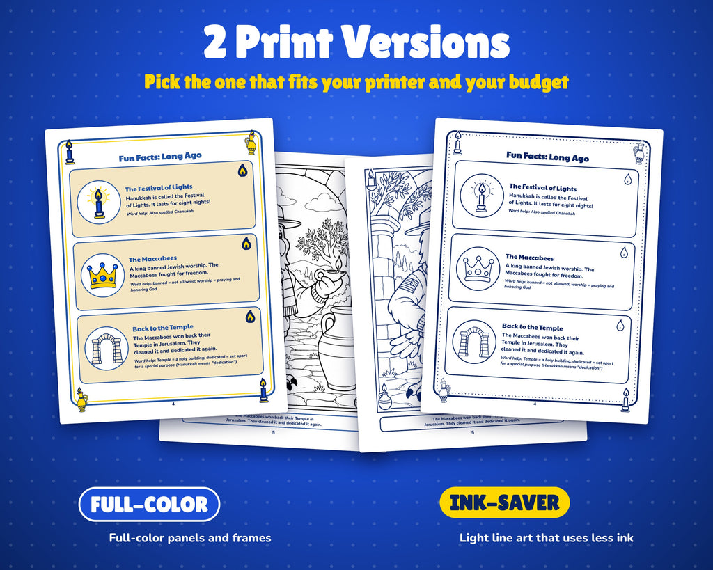 Full-color and ink-saver versions of the Hanukkah activity book