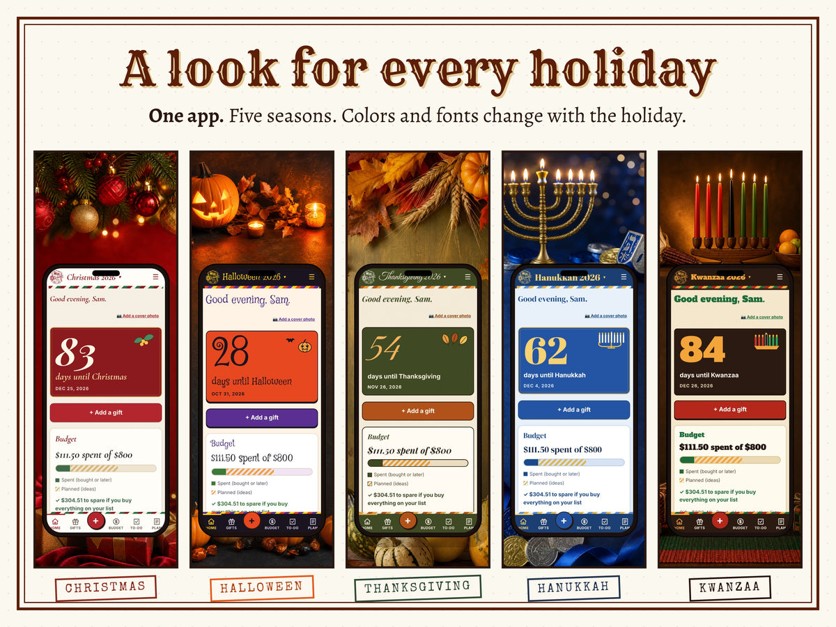Holiday themes: Christmas, Halloween, Thanksgiving, Hanukkah and Kwanzaa