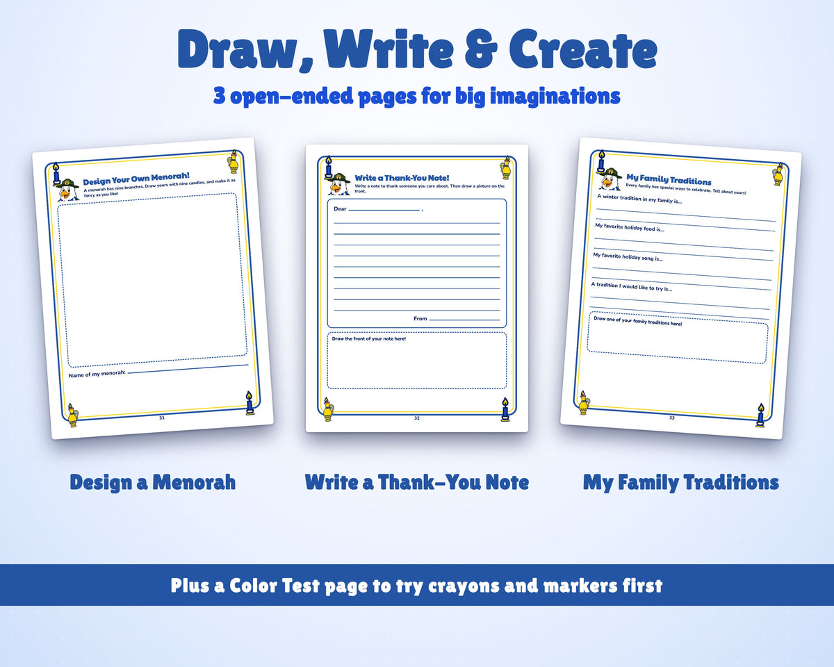 Draw-and-write creative pages from the Hanukkah activity book